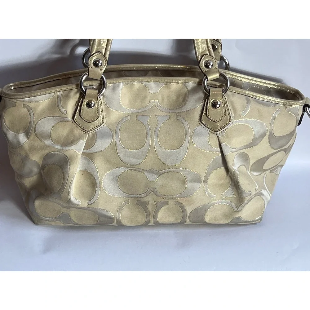 Coach Poppy Rocker Tan Gold Signature Lurex Satchel Handbag